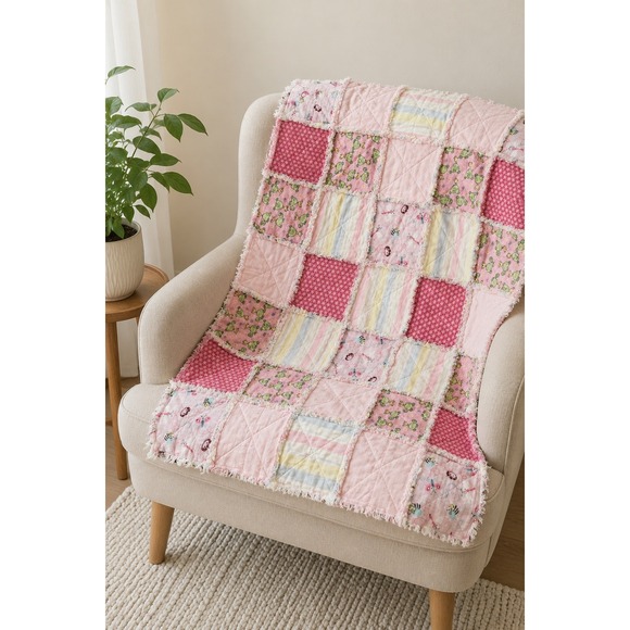 Other - Handmade Pink Rag Quilt Baby Toddler Blanket Shabby Chic Flannel Patchwork Throw